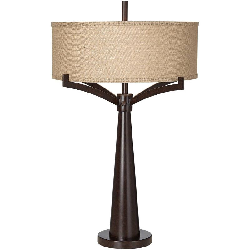 Franklin Iron Works Tremont Industrial Table Lamp 31 1/2" Tall Bronze Metal with USB Dimmer Cord Burlap Fabric Drum Shade for Living Room, 1 of 9