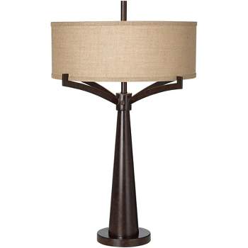 Franklin Iron Works Tremont Industrial Table Lamp 31 1/2" Tall Bronze Metal with USB Dimmer Cord Burlap Fabric Drum Shade for Living Room