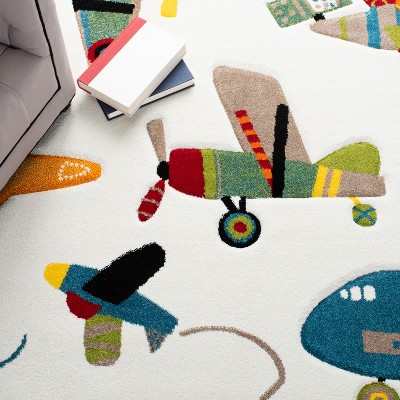 Ivory and Blue Airplane Kids Rectangular Rug, 4' x 6'