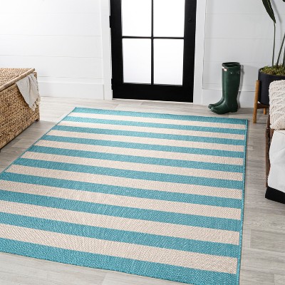 Aqua and Cream Striped Synthetic 4' x 6' Rug