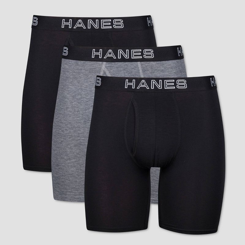 Hanes Premium Men's Long Leg Boxer Briefs with Anti Chafing Total Support Pouch 3pk - Black/Gray, 1 of 7