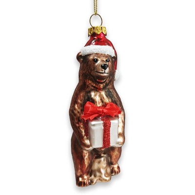 Grizzly Bear with Santa Hat and Gift Glass Christmas Ornament| OrnamentallyYou