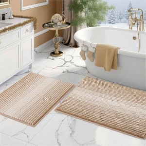 Bathroom Rugs and Mats Sets, 2 Piece Thick Absorbent Chenille Bath Rug Set Non Slip Soft Shaggy Beige Washable - 1 of 4