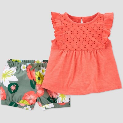 Image of Baby Girls' Floral Top & Bottom Set - Just One You® made by carter's Coral 6M