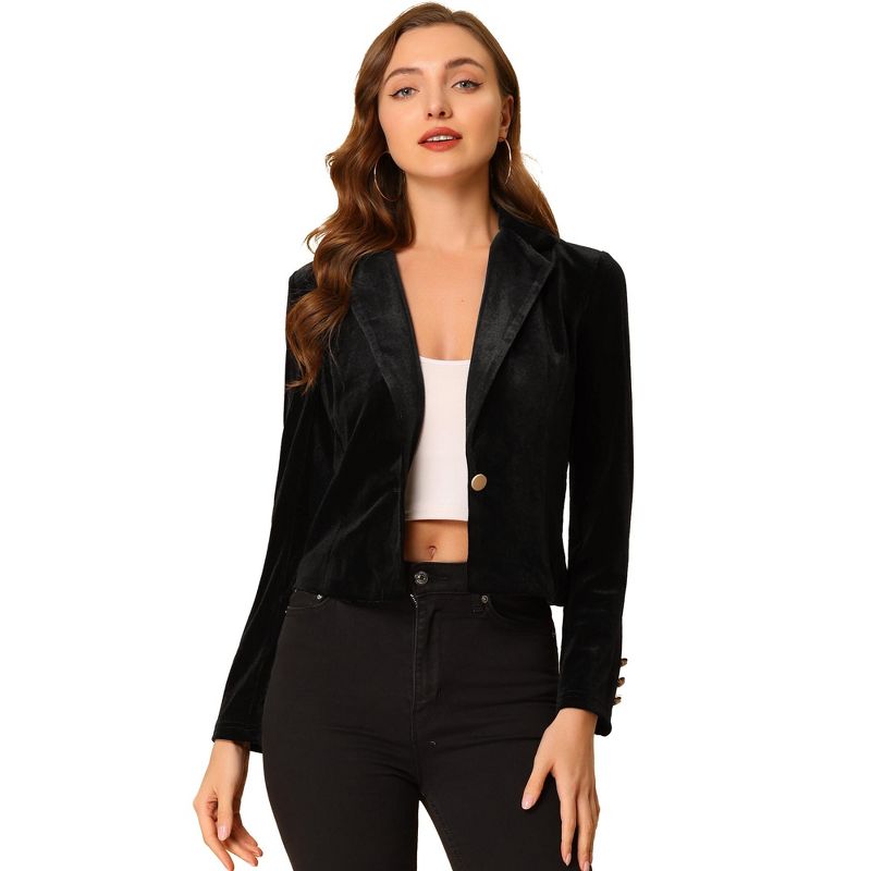 Allegra K Women's 1 Button Lapel Collar Business Office Crop Suit Velvet Blazer, 1 of 7