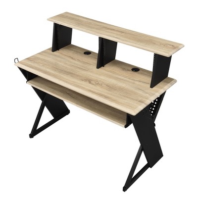 Vynxaria Modern Music Recording Studio Desk - Natural Oak Finish, 61-Key Keyboard Tray, Earphone Rack, Cable Holes, 47"L Top Shelf