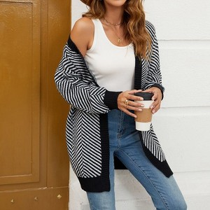 Coolmee Women's Striped Cardigan Long Sleeve Open Front Sweater Knit Oversized Casual Loose Sweater - 1 of 4