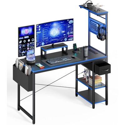 KOLIGEY Gaming Desk, Computer Desk with Adjustable Storage Rack & LED Lights, PC Gaming Desk with Mini DIY Pegboard