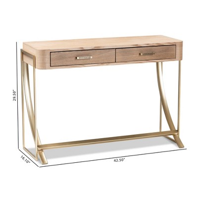 Light Brown and Gold Wood Metal Hallway Table with Storage