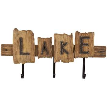 2"x19" Wood Handmade Live Edge Lake Sign 3 Hanger Wall Hook with Metal Accents Brown - Olivia & May