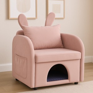 2-in-1 Pet House Chair with Bunny Ear Backrest, Modern Wood & Fabric Accent Armchair for Living Room, 25.2''W Small Pet Furniture-3irtyhousy - 1 of 4