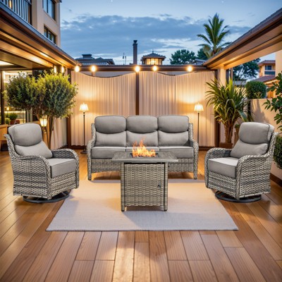 4 Piece Patio Furniture Set with Fire Pit Table, 2 x Swivel Rocker Chair, 1 x 3-Seat Sofa, 5 Seats Outdoor Conversation Set for Lawn Garden Backyard