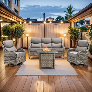 4 Piece Patio Furniture Set with Fire Pit Table, 2 x Swivel Rocker Chair, 1 x 3-Seat Sofa, 5 Seats Outdoor Conversation Set for Lawn Garden Backyard - 1 of 4