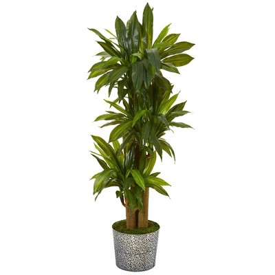 Nearly Natural 58-in Corn Stalk Dracaena Artificial Plant in Black Embossed Tin Planter (Real Touch)