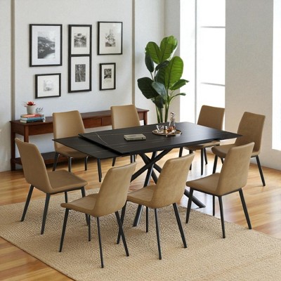 Mshliw Retractable Sintered Stone 9-Piece Dining Table Set with 8 Chairs, Modern Rectangular Extendable Table with Cross-Leg Carbon Steel Base