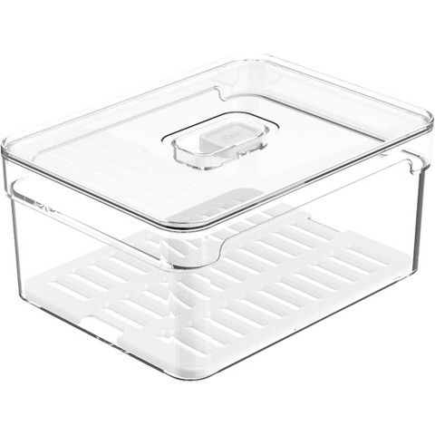 OU Fridge Organizer Bin with Drain Tray & Vented Lid, 2.3qt Clear Stackable Refrigerator Storage Bin, Produce Kitchen Storage Container, BPA Free