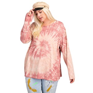 Slickblue Women's Plus Size Tie Dye Long Sleeve Top, Lightweight Loose Fit, Round Neck, Faded Plum, 1XL-3XL - 1 of 3