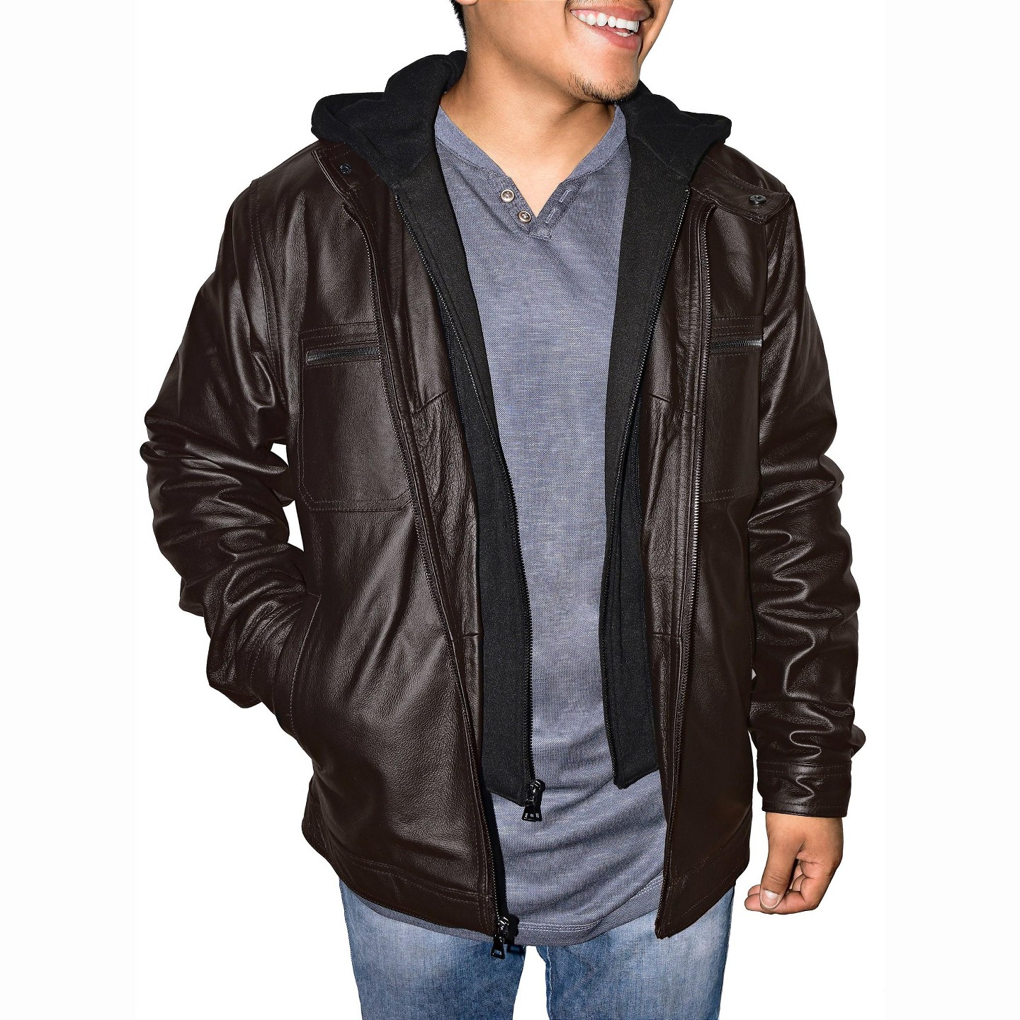 Мужская куртка Victory Outfitters Genuine Leather Hooded Racing Jacket Brown, цвет: Коричневый — фото 1