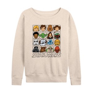 Women's - Star Wars - Yoda and Friends Face Grid Lightweight French Terry Wide Neck Long Sleeve Shirt - 1 of 4