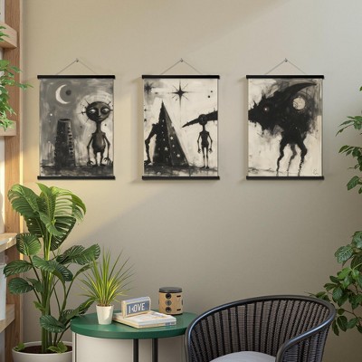 Simple Triad Black Hanging Art on Rods, 30x40cm, Decorative Piece for Living and Bedroom Spaces