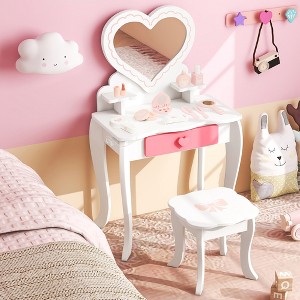 Costway Kids Vanity Set Makeup Table Chair Set Heart-shaped Mirror Accessories Included - 1 of 4
