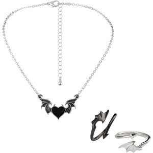 Gothic Evil Heart Necklace - Bat Wing & Evil Eye Pendant, Punk Couple Jewelry - 1 of 2