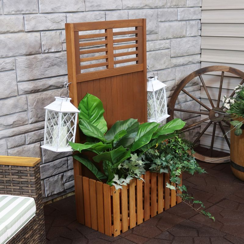 Sunnydaze Outdoor Garden Meranti Wood with Teak Oil Finish Planter Box with Privacy Screen and 2 Hooks for Hanging Basket Planters - 44" H - Brown, 3 of 12
