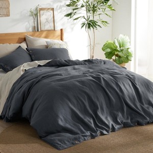 3 Pieces Linen Soft & Cozy Duvet Cover Linen Cotton Blend Bedding Set Tropical Plants Beige Color Cooling Bedding - 1 of 4