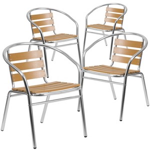 Emma and Oliver 4 Pack Commercial Aluminum Indoor-Outdoor Stack Chair - Triple Slat Faux Teak Back - 1 of 4