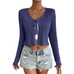 BLUEMING Summer Cardigan Sweaters for Women Cropped Lightweight Front Tie Cardigan with Eyelet Knit Rib Texture Caridigan - 1 of 4
