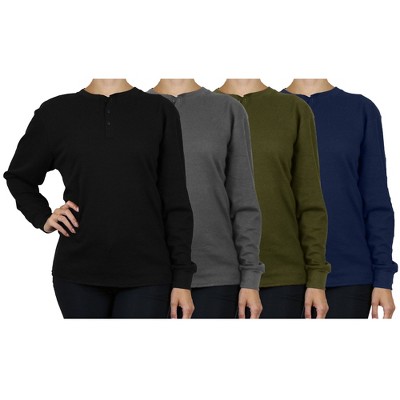 Blue Ice  Women's Loose Fit  Waffle-Knit Thermal Henley- 4 Pack