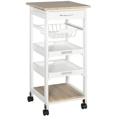 JUJABU Utility Rolling Kitchen Cart with Solid Wood Frame, Storage Drawer, Wire Fruit Baskets, and Trays, White