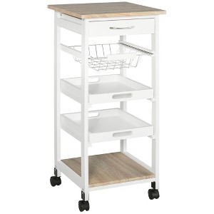 JUJABU Utility Rolling Kitchen Cart with Solid Wood Frame, Storage Drawer, Wire Fruit Baskets, and Trays, White - 1 of 4