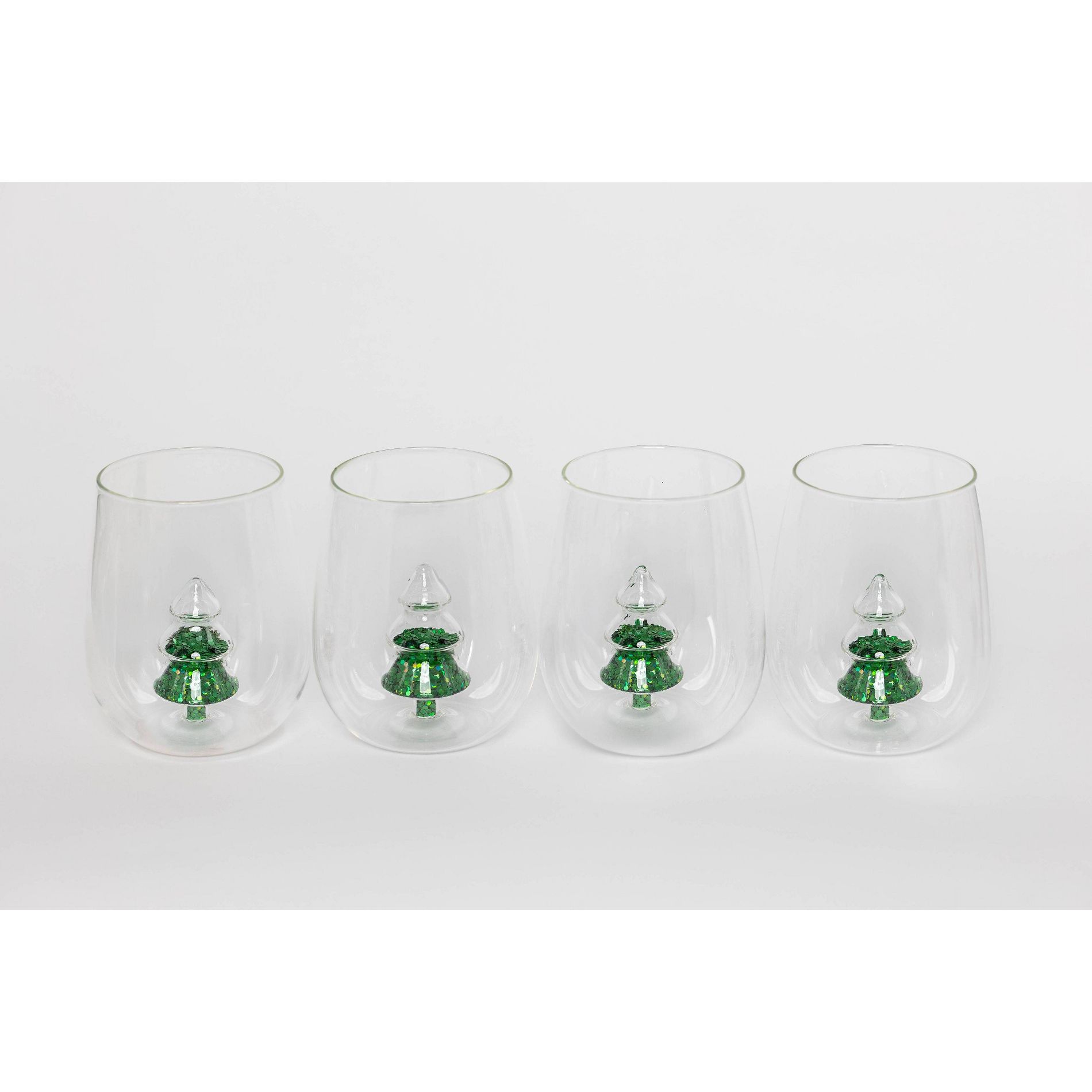 Jeanne Fitz 14.5 fl oz Glitter Icon Stemless Glass Set of 4 Tumblers Christmas Tree