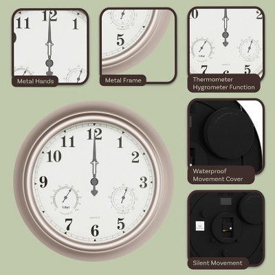18-Inch Brushed Silver Metal Round Wall Clock with Thermometer