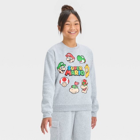 Girls' Super Mario Crew Neck Pullover Sweatshirt - Heather Gray : Target