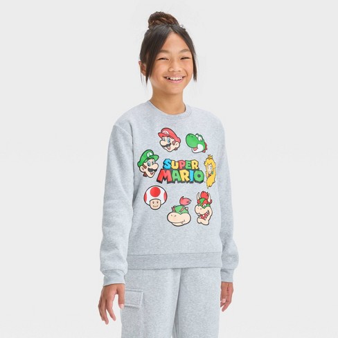 Girls Super Mario Crew Neck Pullover Sweatshirt Heather Gray XS