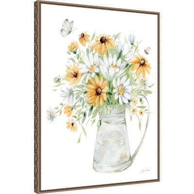 Sunflowers and Daisies Watercolor Beaded Framed Canvas Art