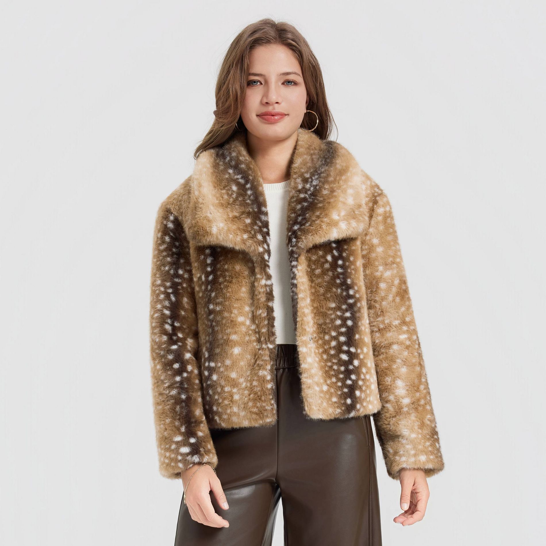 Women's Cropped Faux Fur Jacket - A New Day™ Brown Deer Dots M