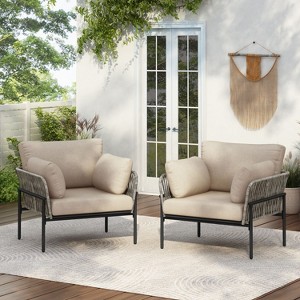 CAVINAS 2PC Outdoor Rattan Patio Chairs with Powder Coated Iron Frame & Cushions,Comfy Lounge Chair for Garden,Backyard,Balcony,Gray - 1 of 4