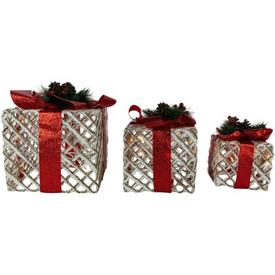 Set of Three Lighted White Glitter Christmas Gift Boxes