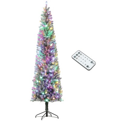 9 ft Pre-Lit Pencil Christmas Tree, Artificial Christmas Tree with 310 Dual Color LED Lights and 895 Branch Tips, Flocked Xmas Tree with Metal Stand