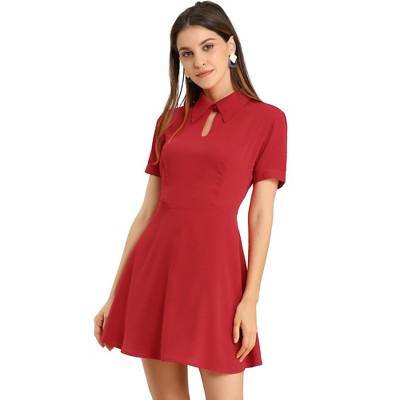 Allegra K Women's Turndown Collared Keyhole Short Sleeve Work Fit and Flare Mini Dress