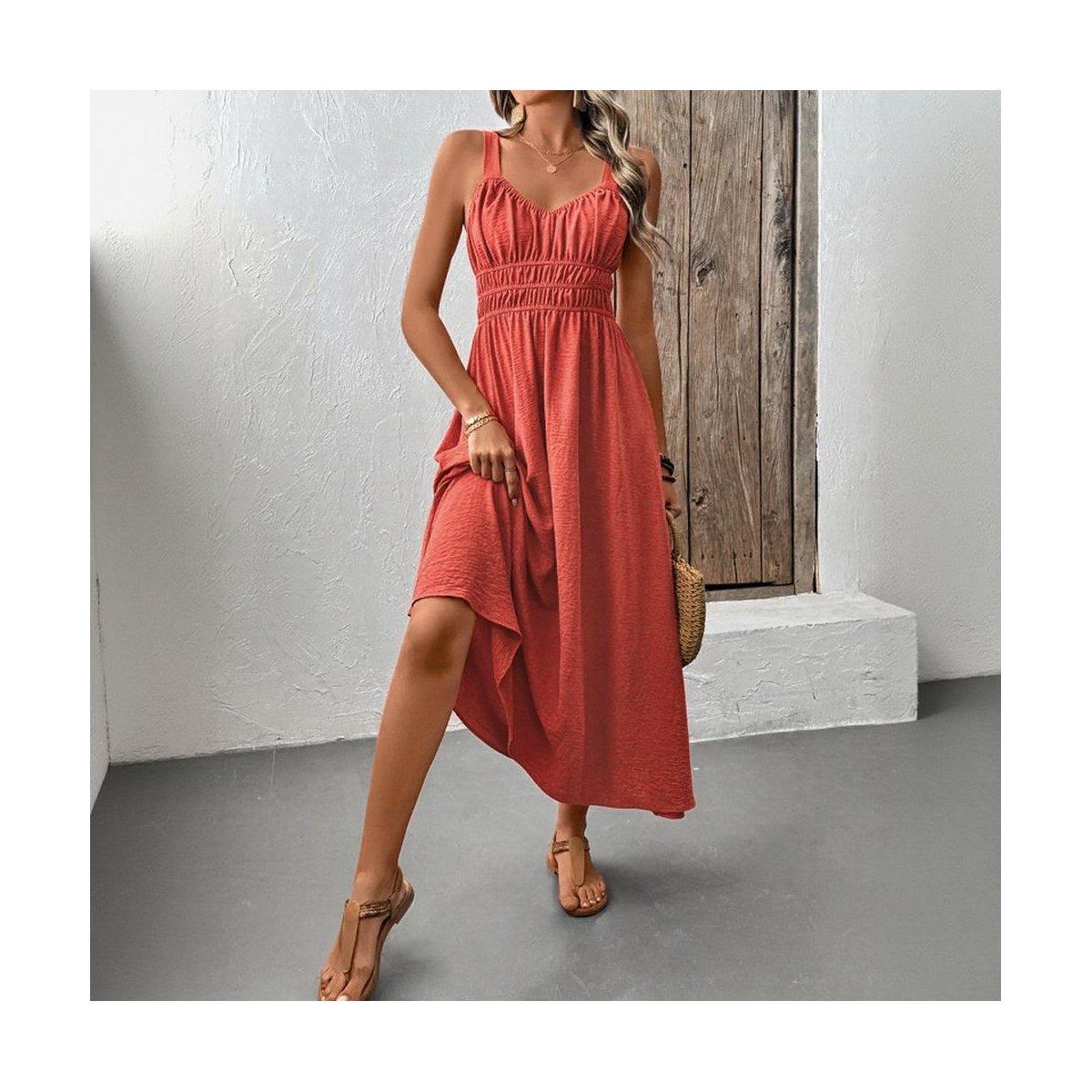 Женские платья YesFashion Womens Summer Dresses Sleeveless Button Down Smocked Waist Casual A-Line Swing Midi Dress Sundress Mahogany M — фото 4