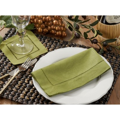 Kiwi Green Cotton Linen Hemstitch Cocktail Napkins Set of 12