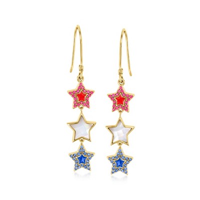 Ross-Simons 0.20 ct. t.w. Ruby, .20 ct. t.w. Sapphire and Mother-Of-Pearl Star Drop Earrings With Red and Blue Enamel in 18kt Gold Over Sterling