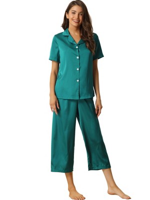 cheibear Women's Soft Satin Button Down with Capri Pants Lounge Pajama Set