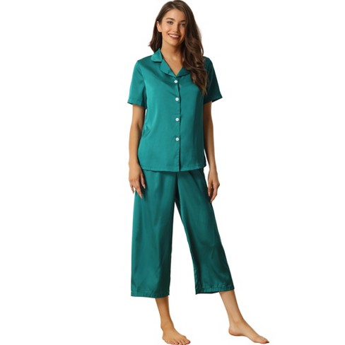 Cheibear Women's Satin Button Down Lounge Sleepwear Tops And Pants