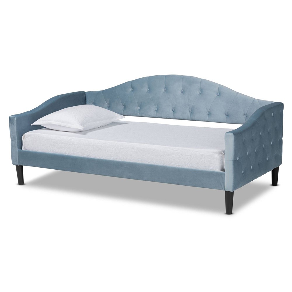 Photos - Bed Twin Benjamin Velvet Fabric Upholstered and Wood Daybed Light Blue/Dark Br