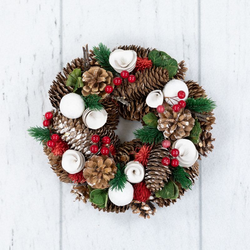 Northlight White Wooden Rose, Pine Cone and Berry Artificial Christmas Wreath, 10-Inch, Unlit, 3 of 6